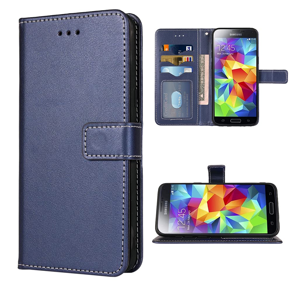 Samsung Galaxy S5 Wallet Case with Wrist Strap & Card Holder - Leather Flip Cover Stand Case for Galaxy S5/Neo/5S/GS5/G900A/G900T (Blue) - Perfect for Daily Use, Travel & Hands-Free Viewing