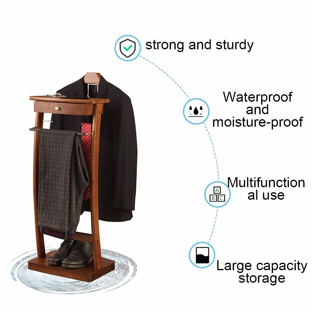 Premium Wooden Suit Valet Stand - 44.4X30X112.2CM Butler Clothing Rack with Stable Base for Suits, Jackets & Pants | Ideal for Office, Living Room & Bedroom Organization | Space-Saving Floor Standing Garment Hanger for Men's Wardrobe