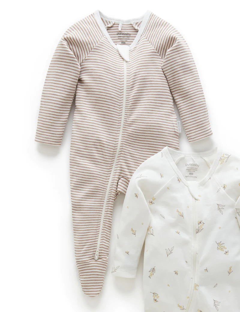 Purebaby Organic Cotton Zip Growsuit 2-Pack - Vanilla Wattle Bee Print | Soft Baby Sleepwear for Newborns & Infants | Perfect for Daycare, Playtime & Comfortable Sleep