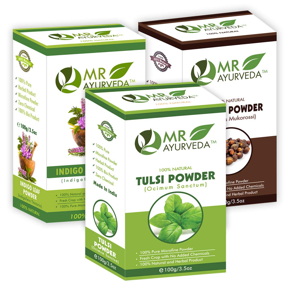 MR Ayurveda 100% Organic Reetha Powder, Tulsi Powder & Indigo Powder for Hair Care - Natural Herbal Hair Treatment Set of 3 (100g Each) for Shiny, Healthy Hair & Scalp Care