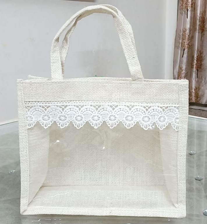 GUUCHUU Jute Gift Bags with Tissue & Thank You Card - Eco-Friendly Reusable Party Favor Bags for Weddings, Baby Showers & Birthday Gifts - Pack of 5 Large Paper Carry Bags for Return Gifts & Goodies