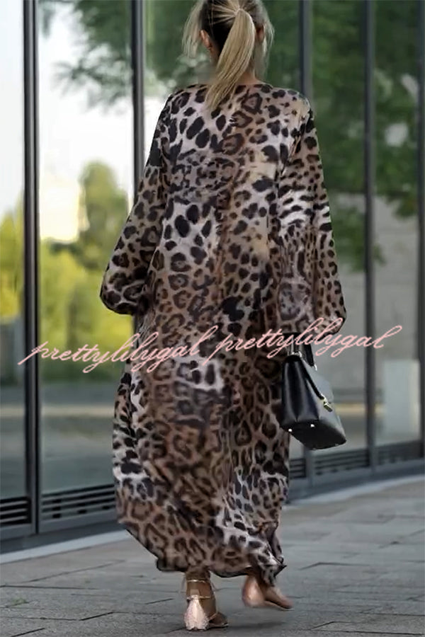 Rayna Lace Mixed Leopard Print Balloon Sleeve A-Line Maxi Dress for Women | Elegant Party & Evening Gown | Perfect for Weddings, Prom & Special Occasions