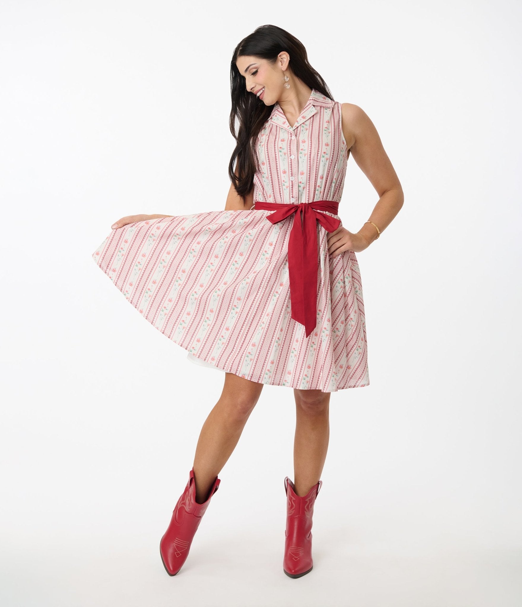 Smak Parlour Pink Rose Wallpaper Print Cotton Flare Dress - Vintage Floral Midi Dress for Women, Perfect for Summer Weddings, Garden Parties & Date Nights