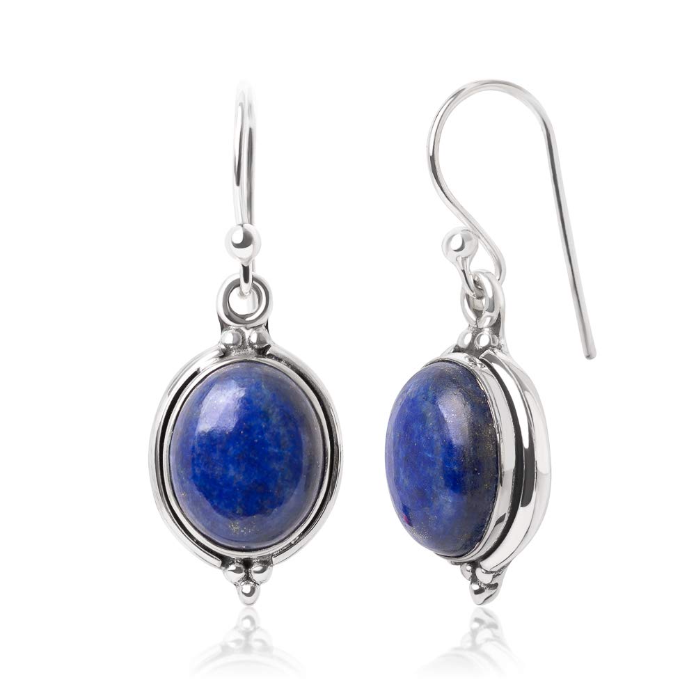 Vintage Oxidized Sterling Silver Dangle Earrings with Natural Gemstone - Oval Hook Earrings for Women, 1.3 Inch - Perfect for Parties, Weddings & Everyday Wear