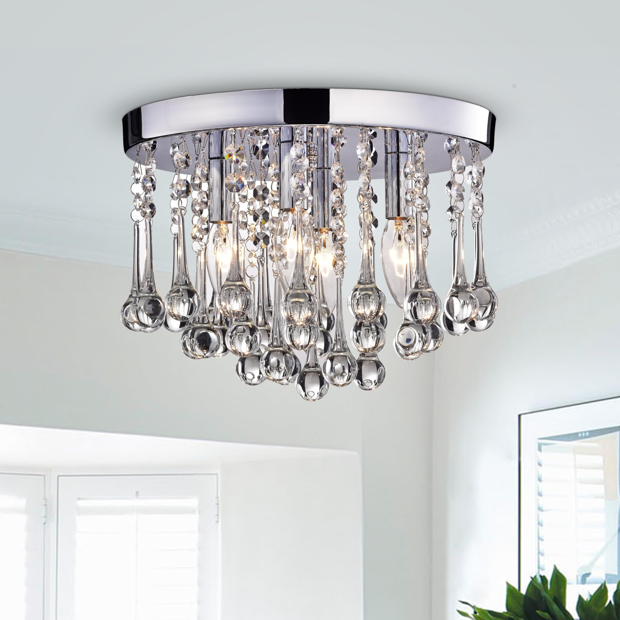 Scelene Chrome Iron and Crystal 4-Light Flush Mount Ceiling Light Fixture - Modern Elegant Lighting for Bedroom, Living Room, or Dining Room