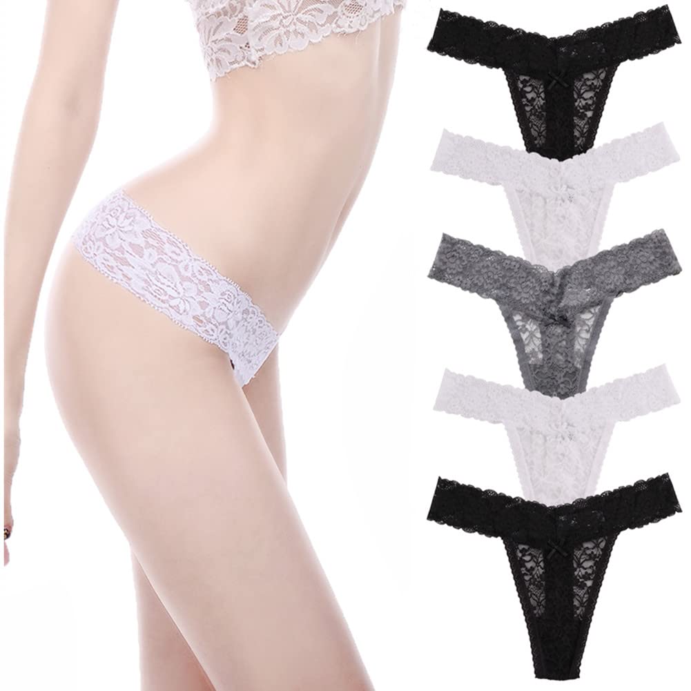 Sexy Lace Thong Panties for Women - 5 Pack V-String Cheeky Underwear with Sheer See-Through Design | Perfect for Date Night, Lingerie Sets & Sensual Occasions
