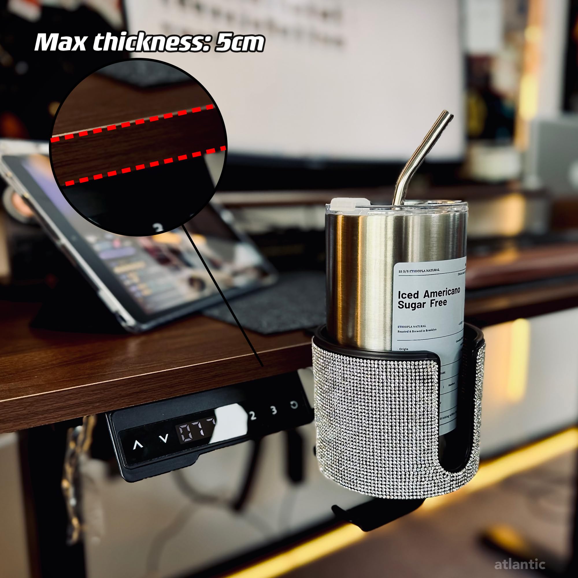 Premium 2-in-1 Desk Cup Holder with Crystal Accents - Stylish Drink Stand for Office, Home & Car Use - Spill-Proof Beverage Organizer for Coffee, Tea & Water Bottles