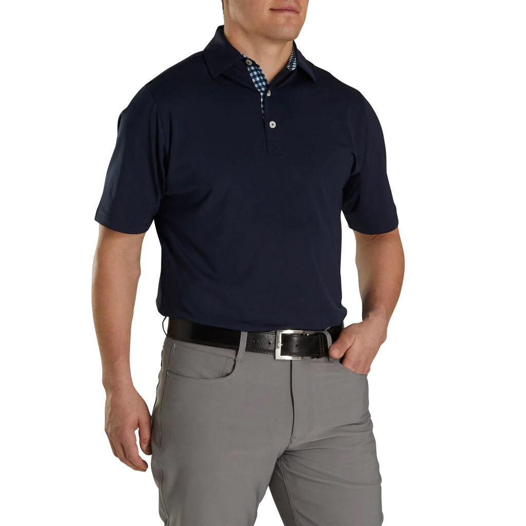 FootJoy Athletic Fit Lisle Solid Gingham Trim Self Collar Navy Men's Golf Polo Shirt - Breathable Performance Top for Golfing & Casual Wear