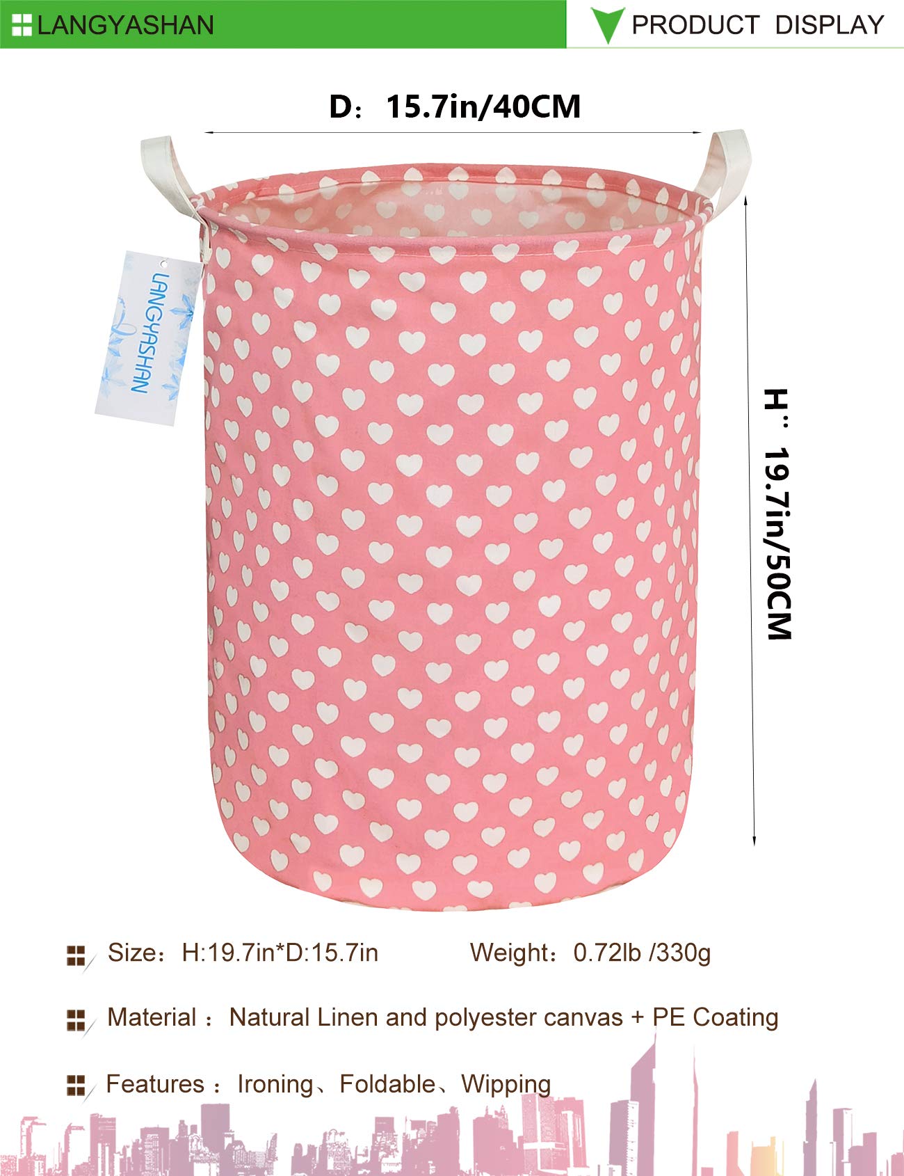 Collapsible Canvas Laundry Basket with Handles - Foldable Storage Bin for Clothes, Toys, and Organizing - Perfect for Nursery, Bedroom, and Kids Room - Pink Heart Design (Great for Laundry, Storage & Gift Giving)