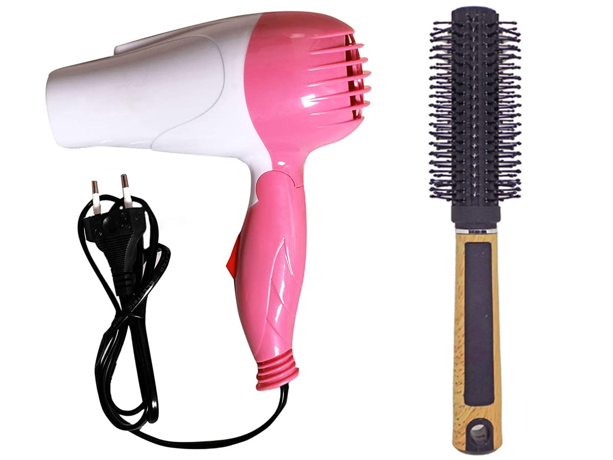 Professional 1000W Foldable Mini Hair Dryer with 2 Speed Settings & Hair Rolling Brush - Compact Travel Hair Dryer for Women (Pink) - Perfect for Home, Travel, Salon & Quick Styling