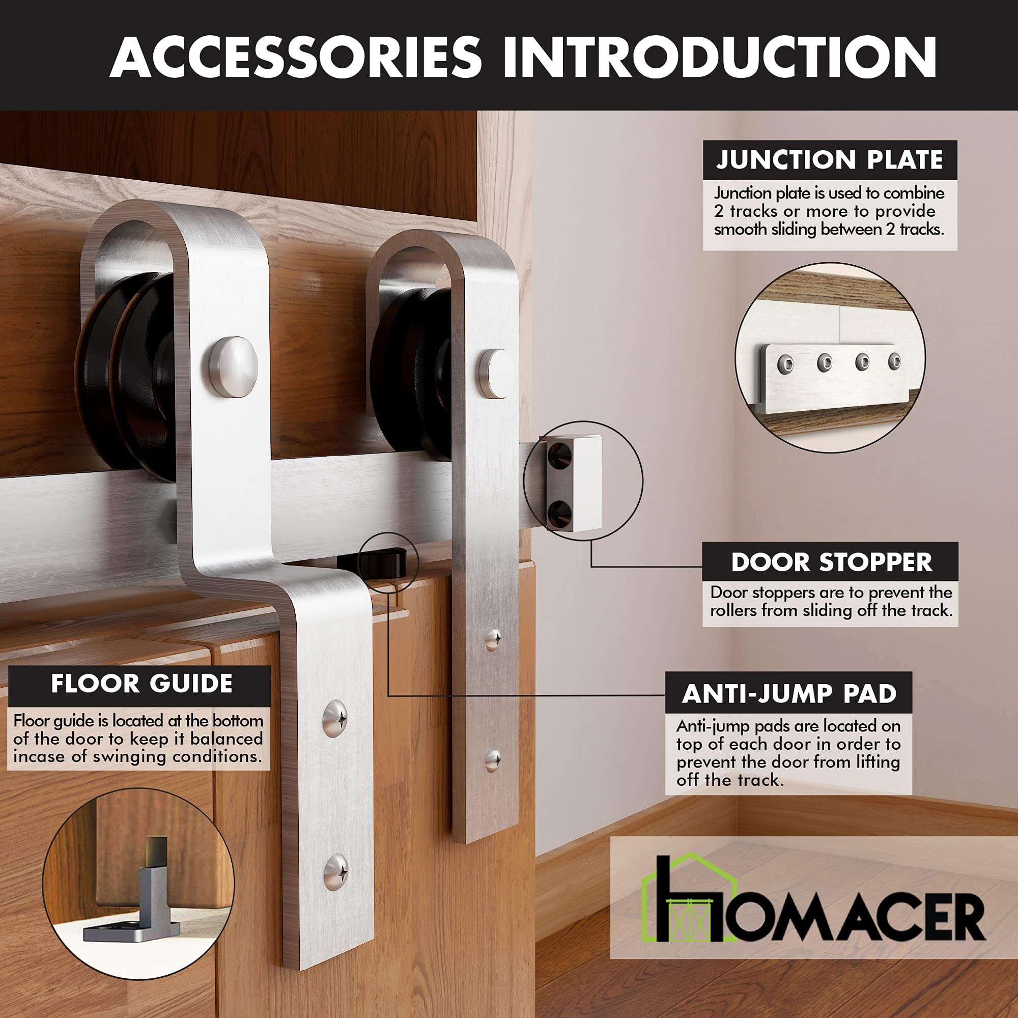 Homacer Mini Brushed Nickel Single Track Bypass Sliding Barn Door Hardware Kit - 102-inch Long Flat Track for 3 Doors with Straight Design Rollers | Perfect for Cabinet, TV Stand, Console, and Room Divider Installation
