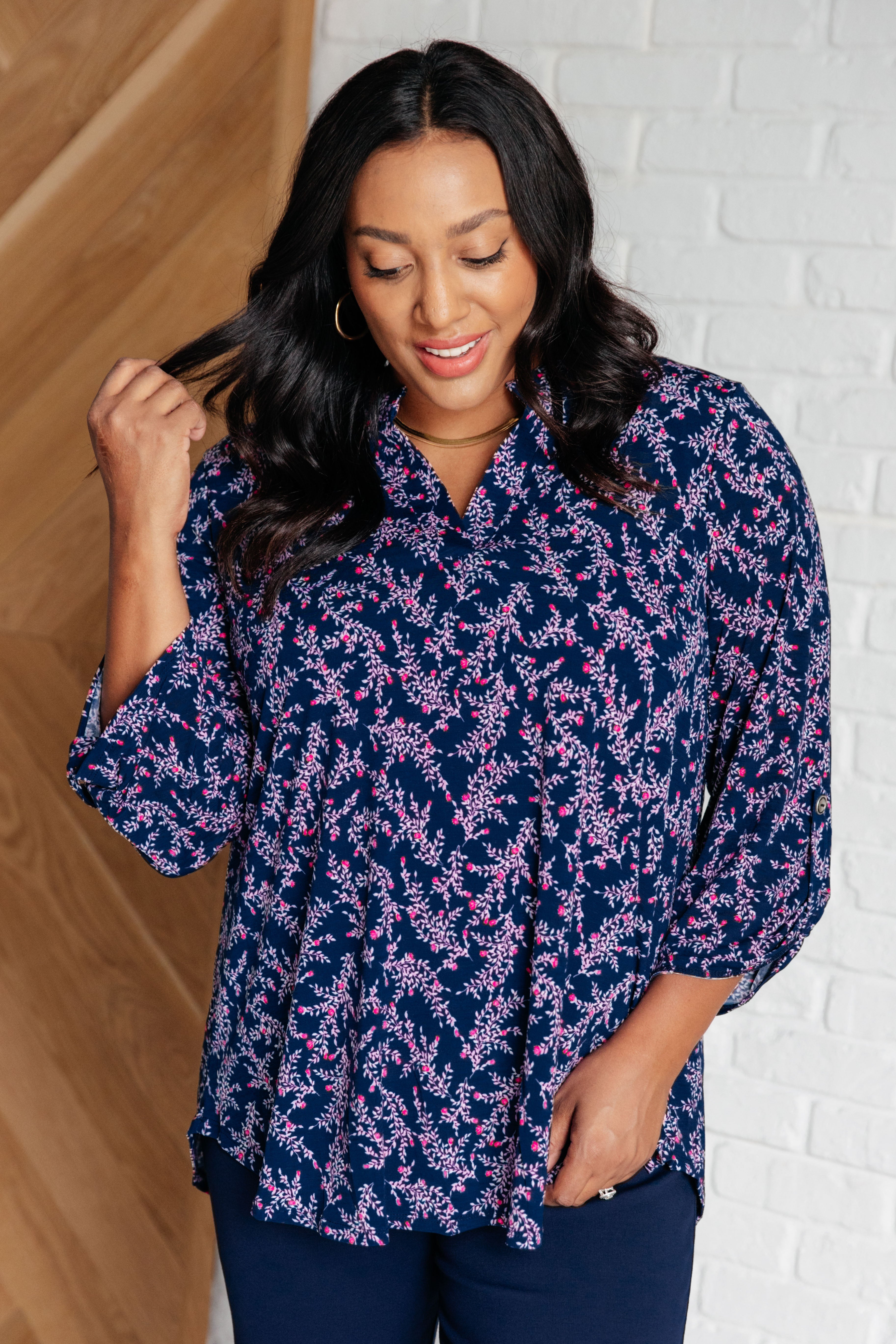 Lizzy Top - Navy & Magenta Petite Floral Print Women's Blouse for Casual Wear & Spring Outfits