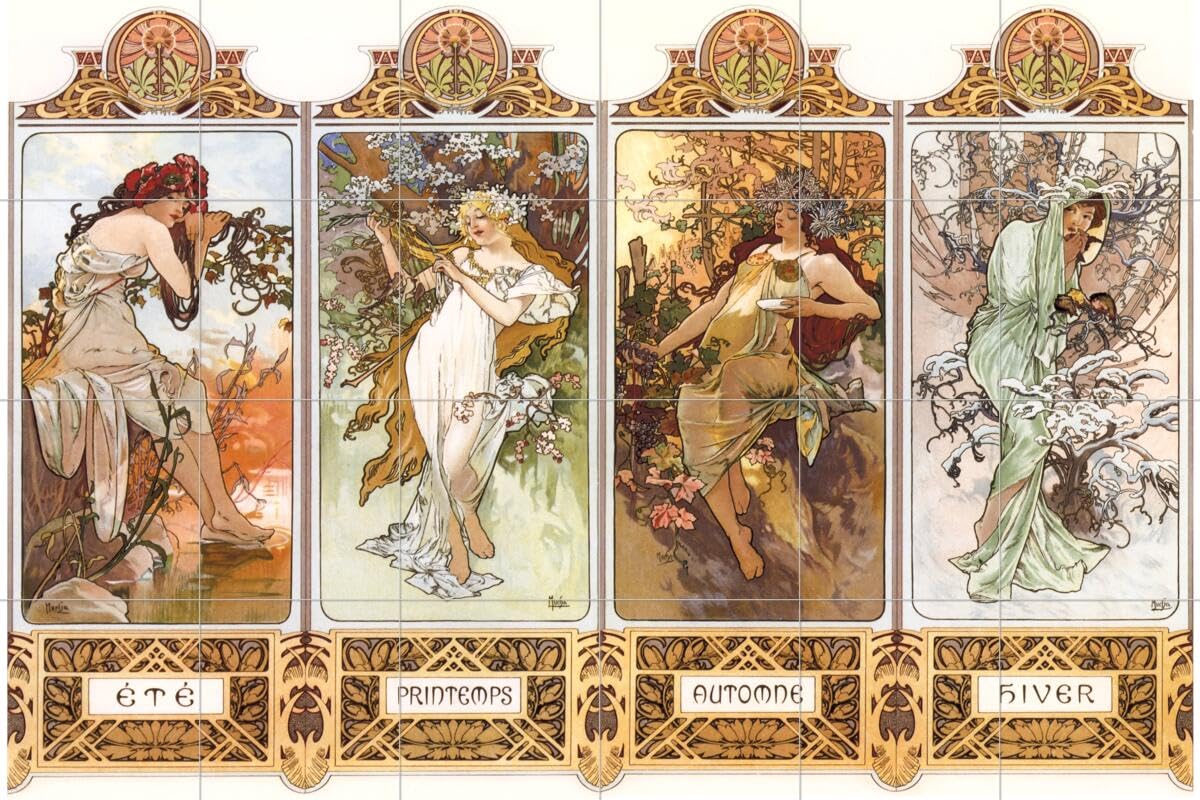 Alphonse Mucha Art Nouveau Ceramic Backsplash Tile Mural - Vintage Art Deco Style Kitchen & Bathroom Wall Decor - Perfect for Bohemian Home Renovation & Vintage Interior Design