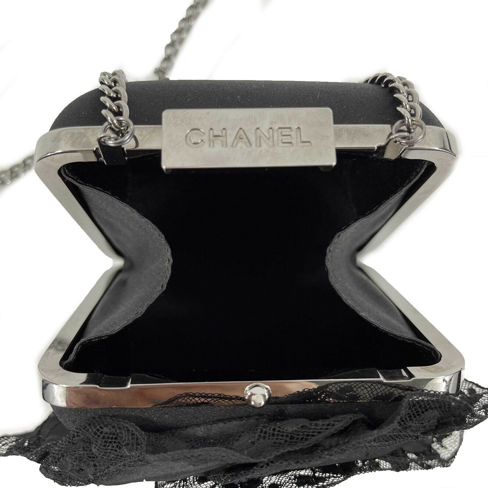 CHANEL Small Camellia Box Frame Crossbody Bag - Elegant Satin & Lace Design with Gun Metal Tone Hardware | Perfect for Evening Events, Weddings & Special Occasions