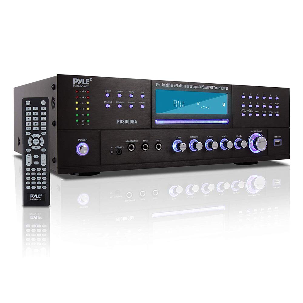 Pyle 4 Channel Wireless Bluetooth Amplifier - 3000W Peak Power Stereo Home Audio Receiver with FM Radio, USB, 2 Mic Inputs with Echo, HDMI & 24-Bit Decoder, Front-Loading CD/DVD Player, LED Display, Rack Mountable - Perfect for Home Theater, Karaoke Parties, and Professional DJ Setups
