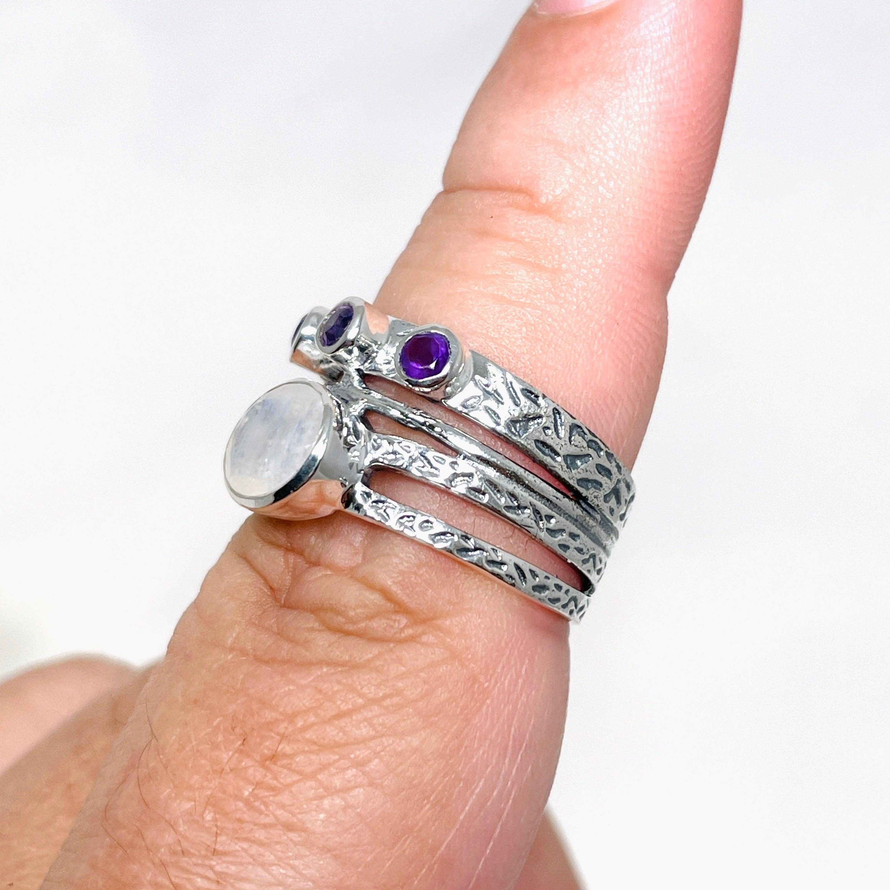 Moonstone & Amethyst Faceted Gemstone Ring R3783 - Elegant Handmade Jewelry for Women, Perfect for Weddings, Parties & Special Occasions