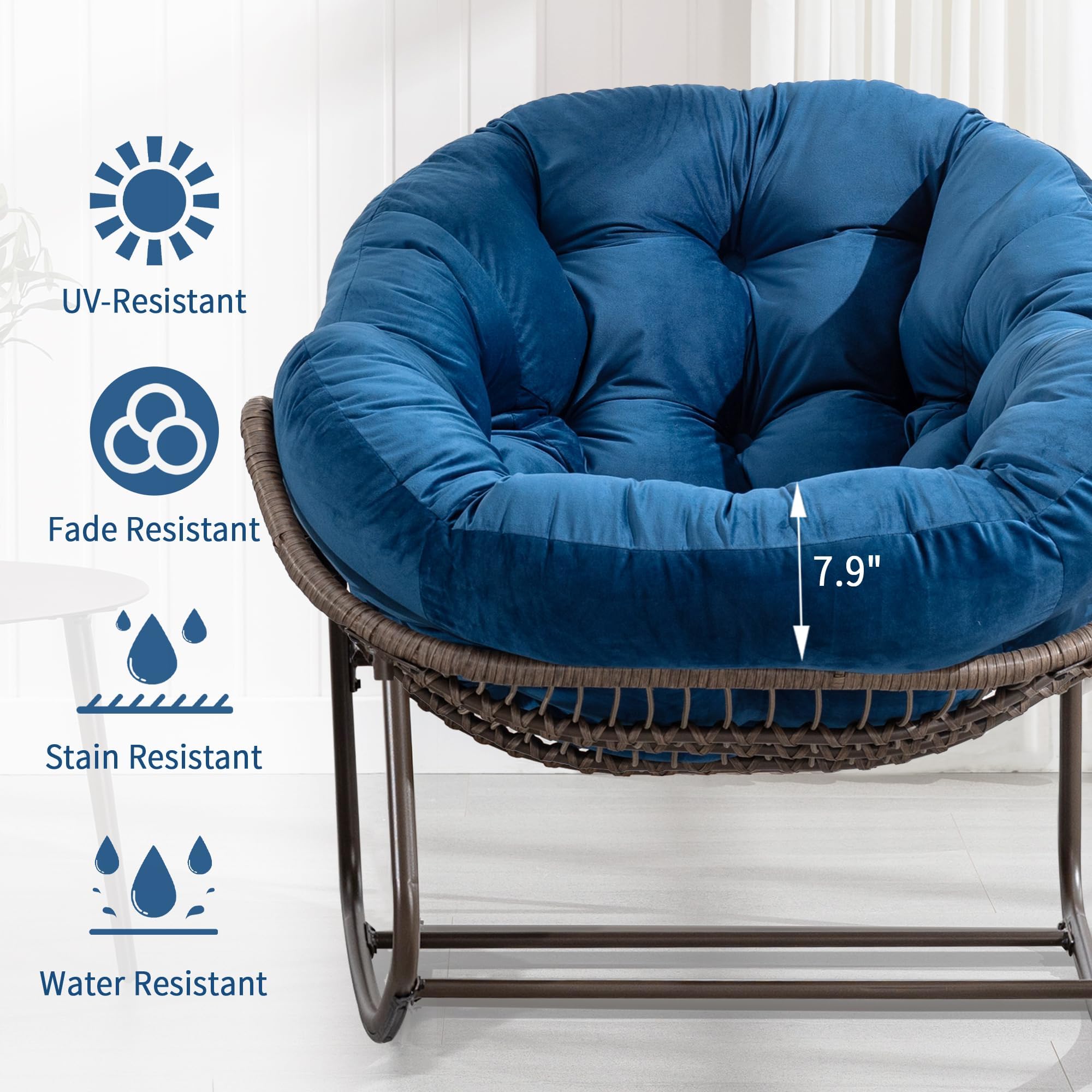 Oversized Wicker Papasan Glider Rocking Chair - Comfortable Patio & Indoor Rocker Recliner for Living Room, Nursery, Bedroom, Front Porch - Blue Accent Lounge Chair for Relaxing, Reading & Napping (1 Chair)