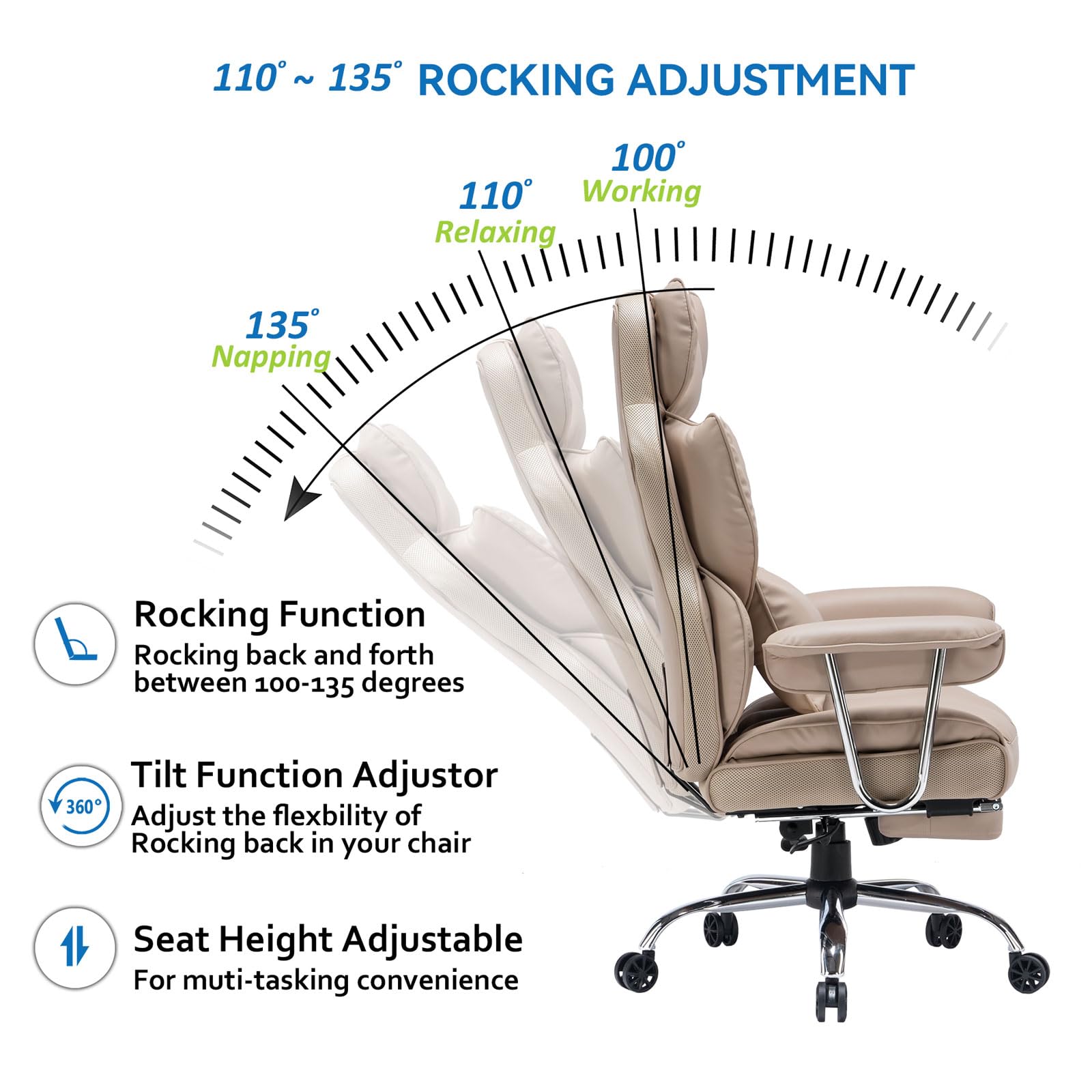 Efomao 400LBS Heavy Duty Executive Office Chair - Big and Tall PU Leather Computer Desk Chair with Adjustable Lumbar Support & Footrest - Dark Beige Ergonomic Chair for Home Office, Gaming & Workspace