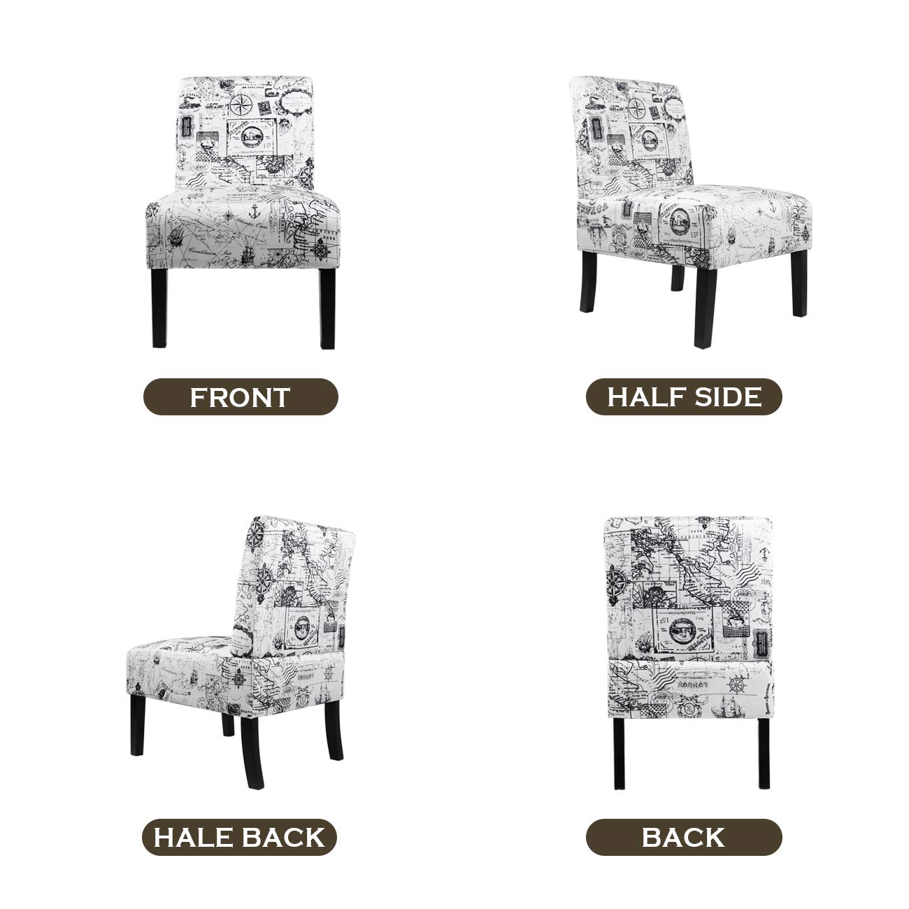 Modern Fabric Print Armless Accent Chair - Decorative Corner Side Slipper Vanity Chair for Bedroom, Living Room & Office - Map Design White - Perfect for Small Spaces, Reading Nooks & Home Decor