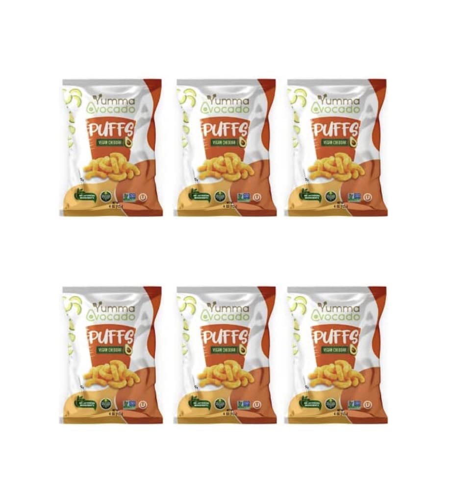 Yumma Avocado Puffs - 4oz Bags | Vegan, Gluten-Free, Non-GMO Snacks Made with Real Avocados & Avocado Oil | Kosher Certified, Plant-Based, No Artificial Ingredients | 3-Pack or 6-Pack Options (Vegan Cheddar Flavor) | Perfect for Healthy Snacking, On-the-Go Lunches & Party Treats