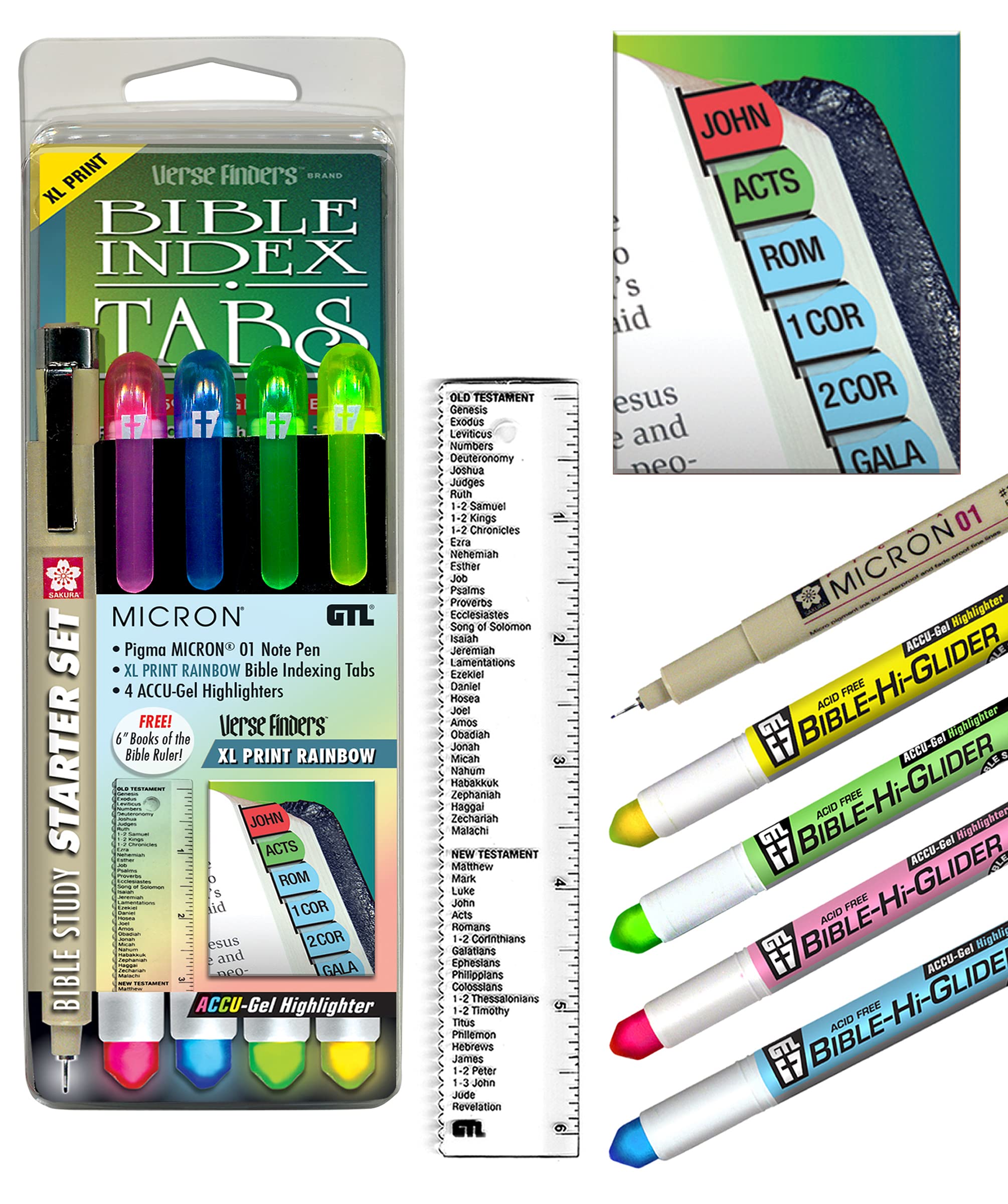Accu-Gel Bible Highlighter & Pigma Micron Bible Study Starter Set - XL Print Rainbow Verse Finder Tabs | No Bleed Pigmented Ink & Fine Point Gel Pen (01) | Perfect for Scripture Marking, Bible Journaling & Church Note Taking