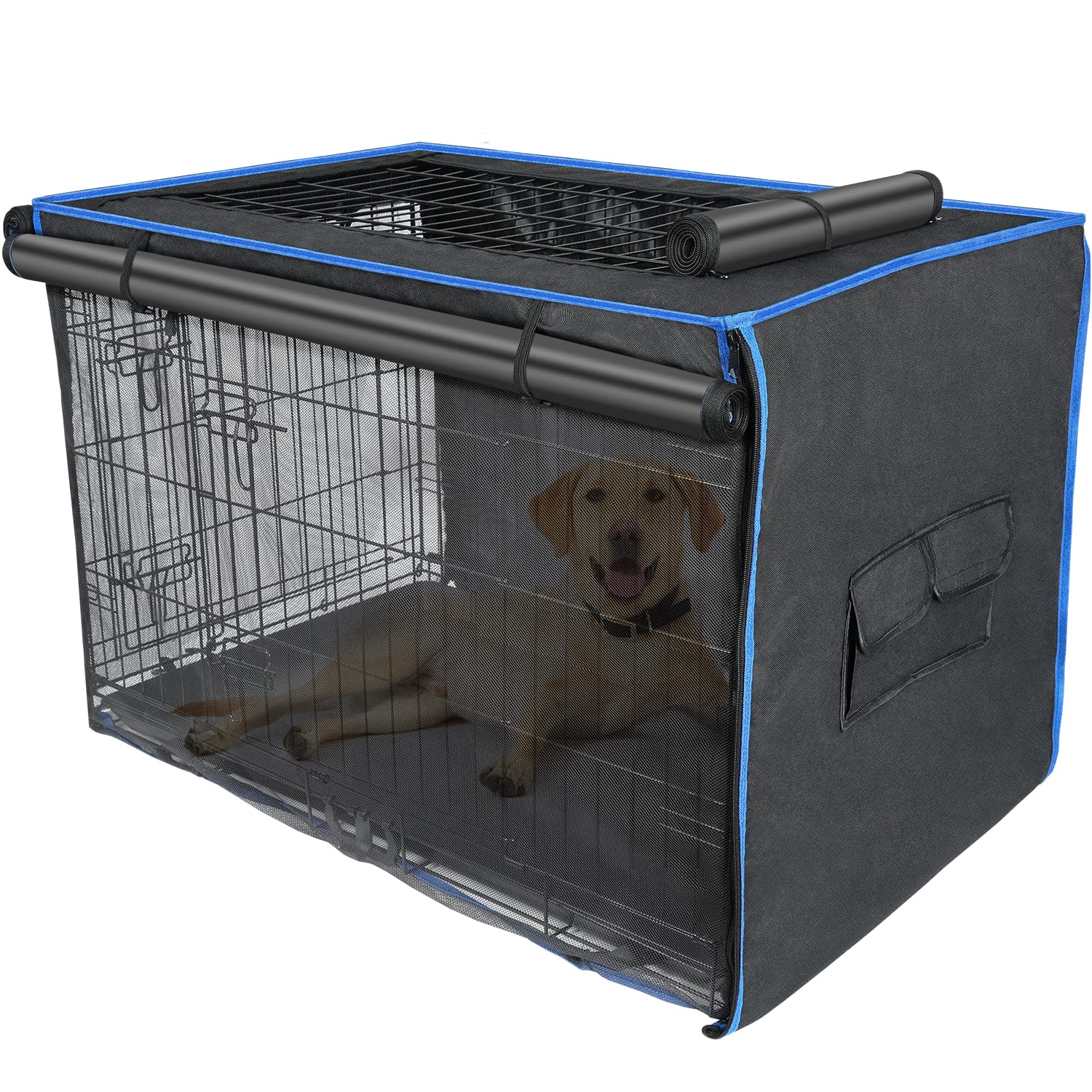 600D Oxford Dog Crate Cover - Waterproof, Windproof with Mesh & Pocket for Indoor/Outdoor Use