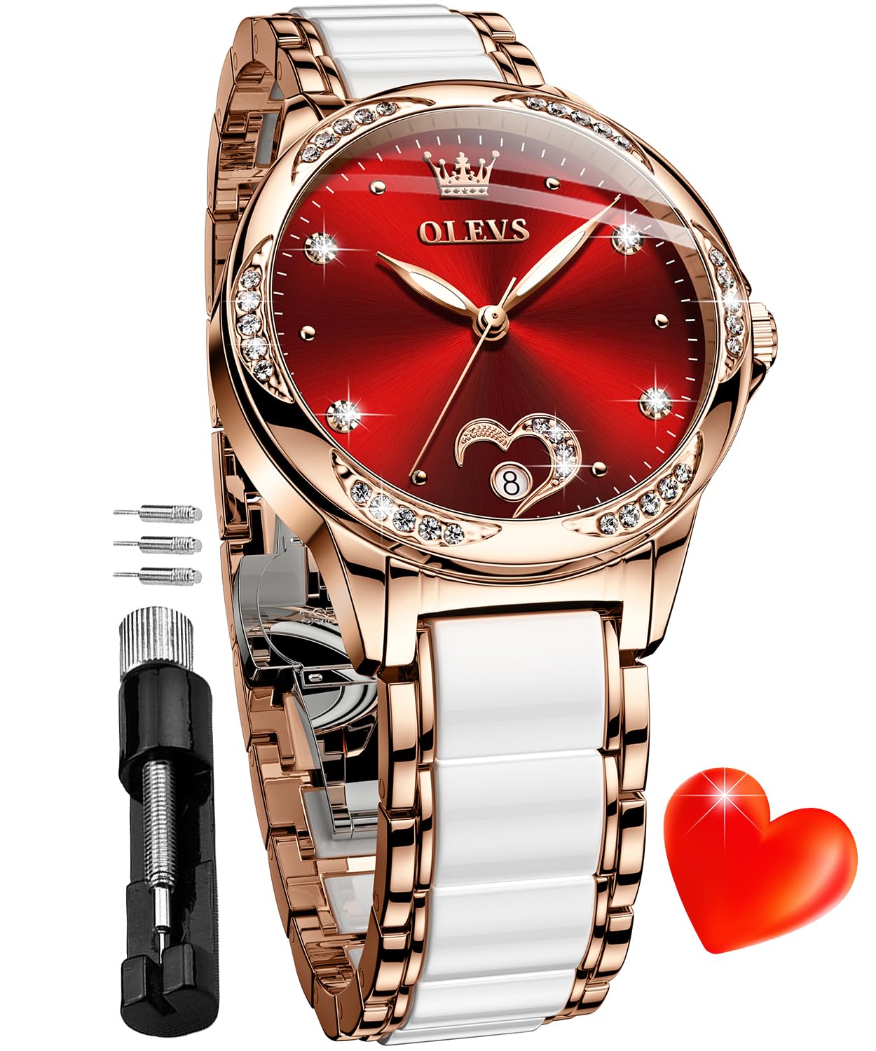 OLEVS Women's Automatic Self-Winding Diamond Watch - Rose Gold Ceramic Luxury Dress Watch with Heart Date Display | Perfect for Formal Events, Date Nights & Anniversary Gifts