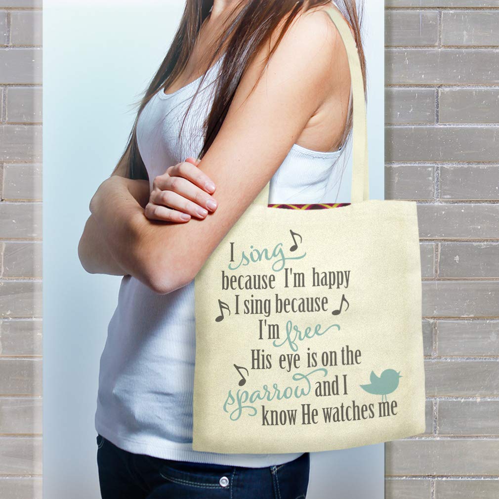 Custom Printed Canvas Tote Bag - 'I Sing Because I'm Happy' Bible Verse Design - Eco-Friendly Reusable Shopping Bag for Groceries, Beach & Church