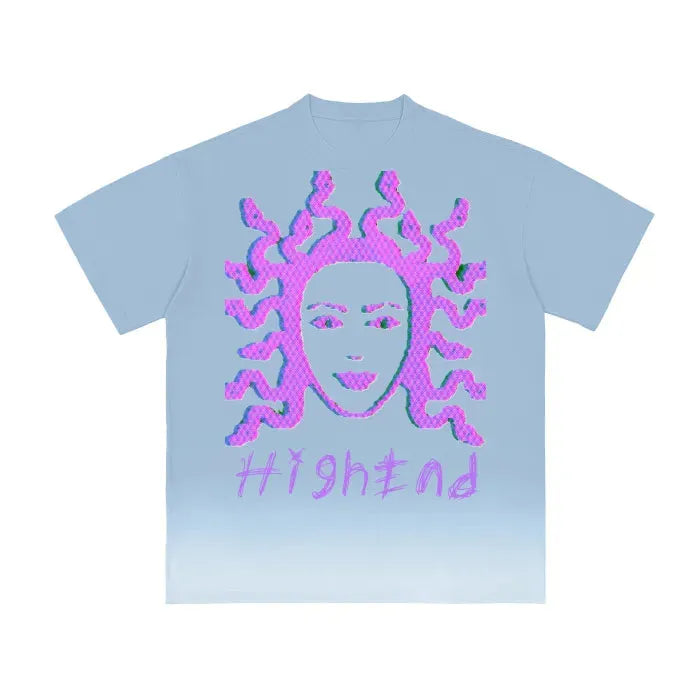 Premium Vintage Washed Medusa Print T-Shirt - Blue Gradient Design, 250 GSM Soft Cotton Tee for Men & Women | Casual Wear, Street Style, Graphic Fashion Statement