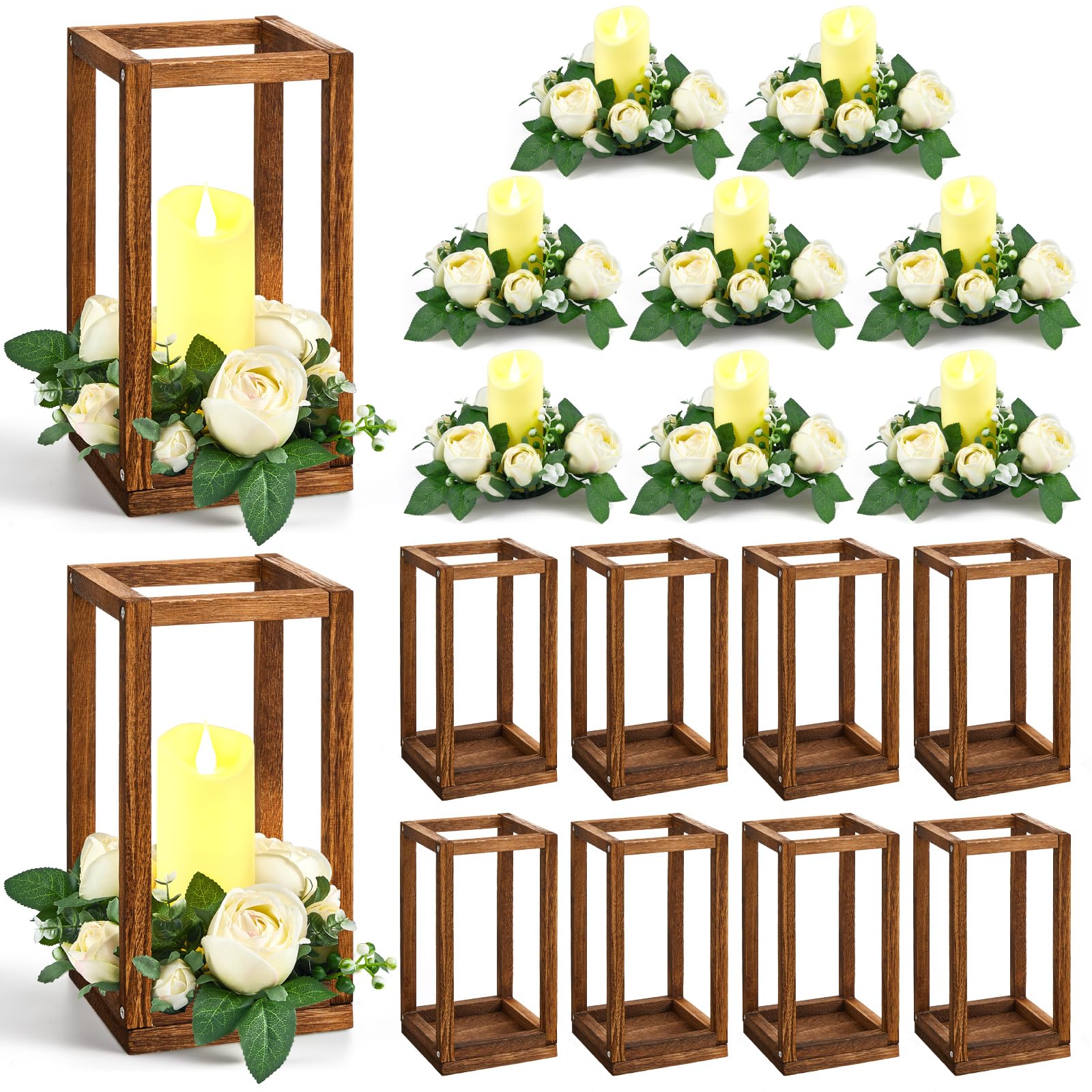 Sabary 30-Piece Eucalyptus Wedding Lantern Set with Wooden Candle Holders, Candles & Rose Wreaths - Rustic Farmhouse Table Centerpiece Decor for Weddings, Country Parties & Home Decor (Beige Flower)