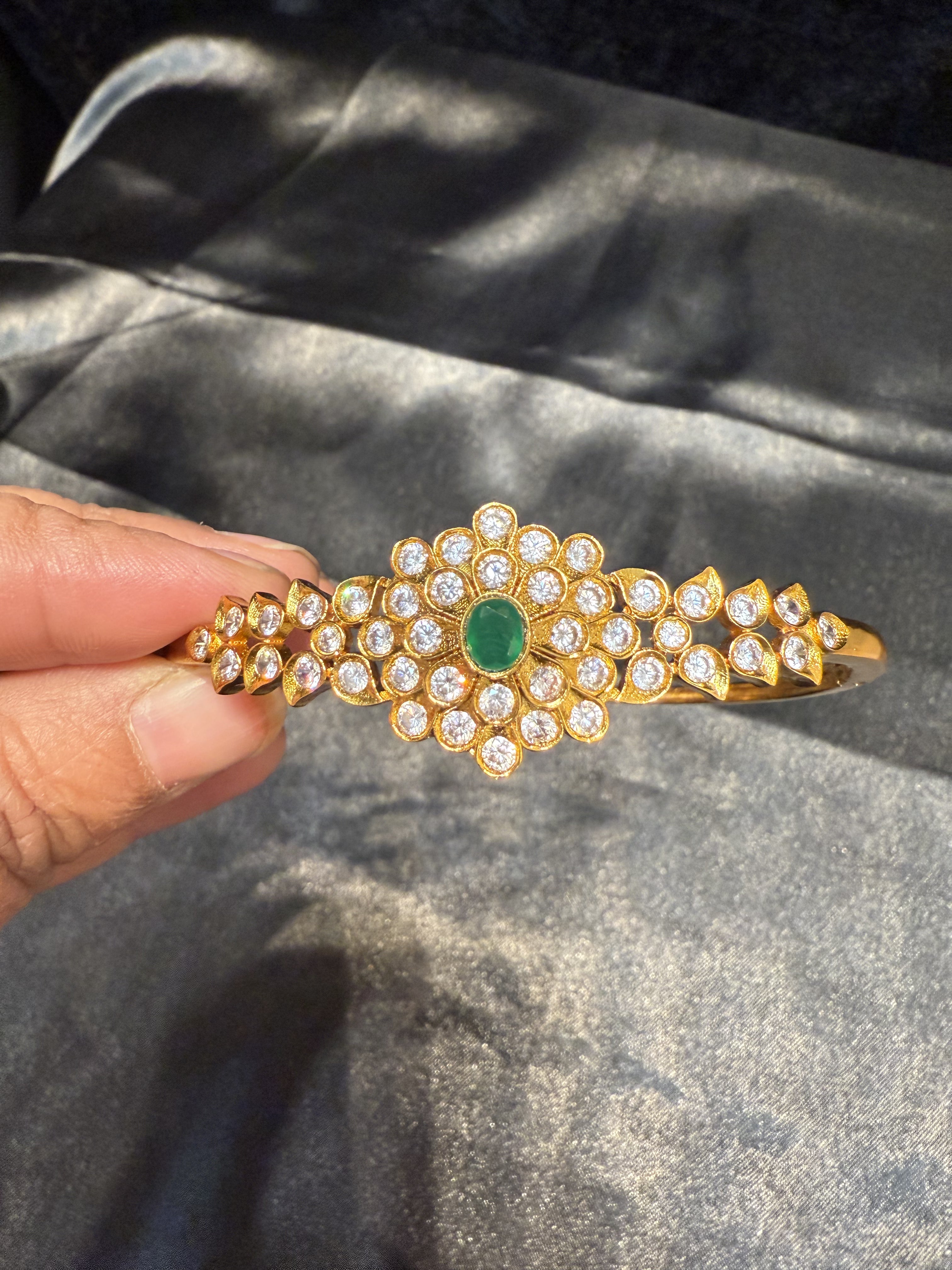 Elegant Gold Plated Bracelet with Green & White Stones & Floral Design - Perfect for Weddings, Parties & Special Occasions