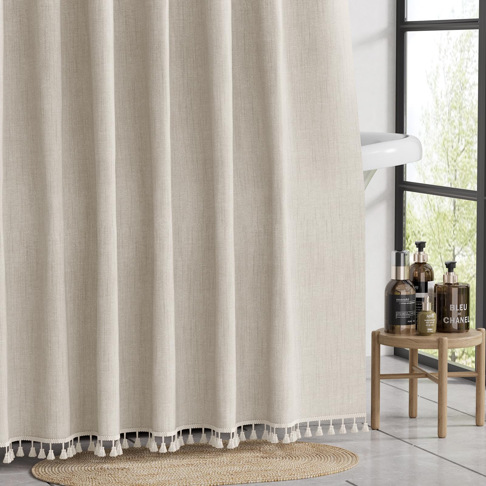 AmazerBath Beige Faux Linen Shower Curtain with Tassels - 72x72 Inch Water Repellent Bathroom Curtain for Modern Farmhouse Decor, Neutral Tasseled Shower Liner with Hooks - Perfect for Bathrooms, Guest Rooms & Spa-Style Retreats