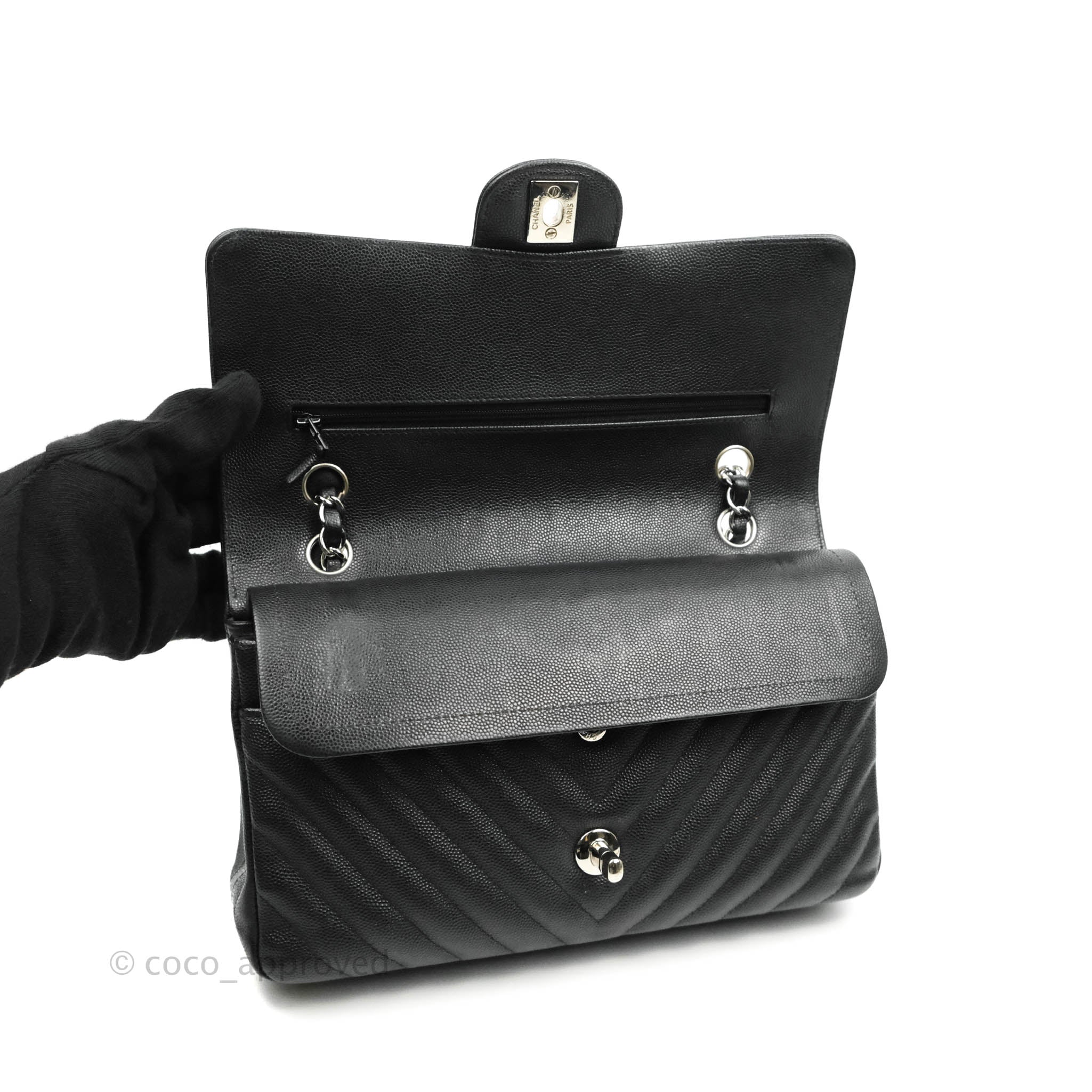 Chanel Classic M/L Medium Chevron Double Flap Bag in Black Caviar Leather with Silver Hardware - Perfect for Work, Evening Events & Luxury Fashion Accessories