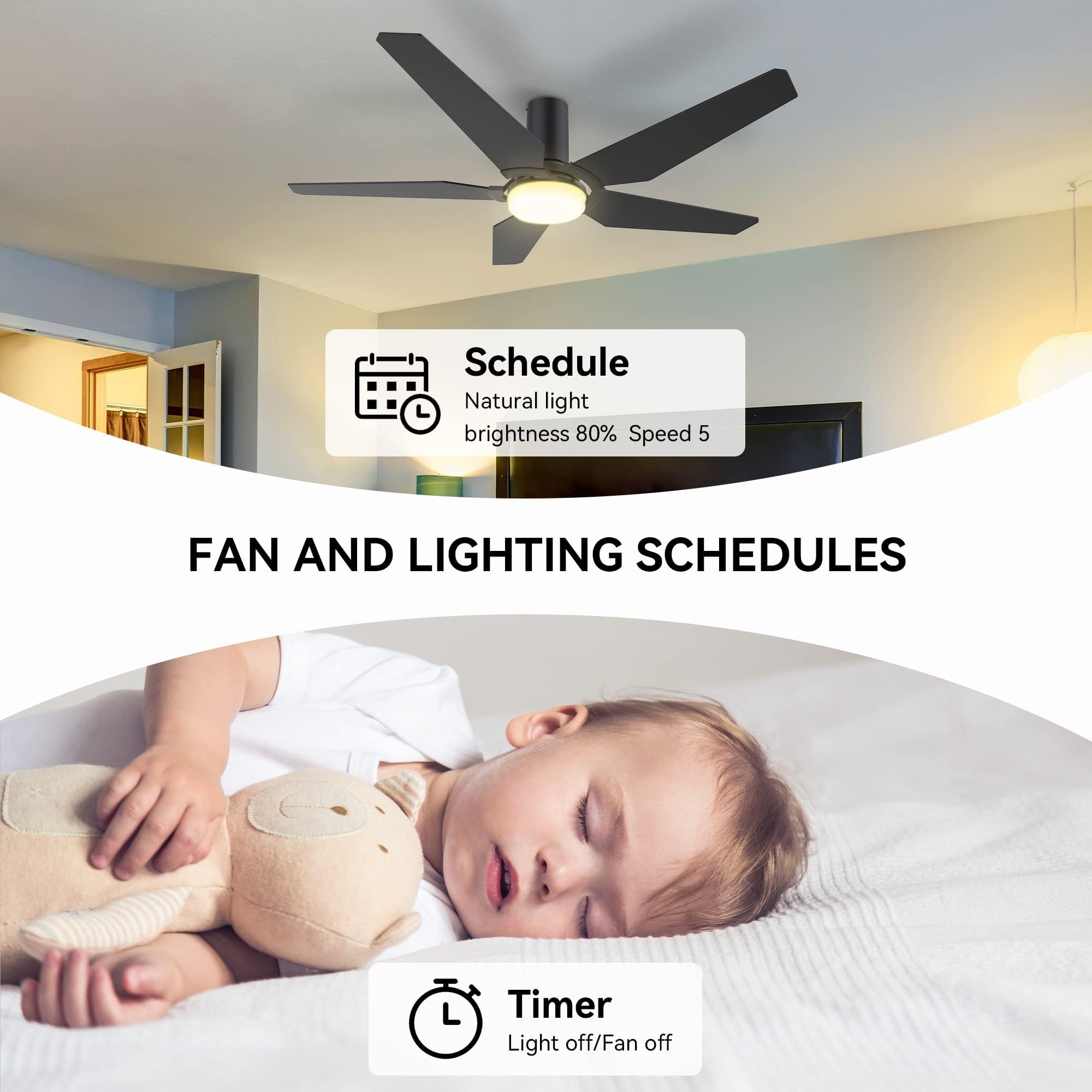 SMAAIR 52 Inch Smart Ceiling Fan with Dimmable LED Lights, Remote & WiFi App Control - Works with Alexa, Google Assistant & Siri - Black Outdoor Flush Mount Fan for Patio, Bedroom & Living Room