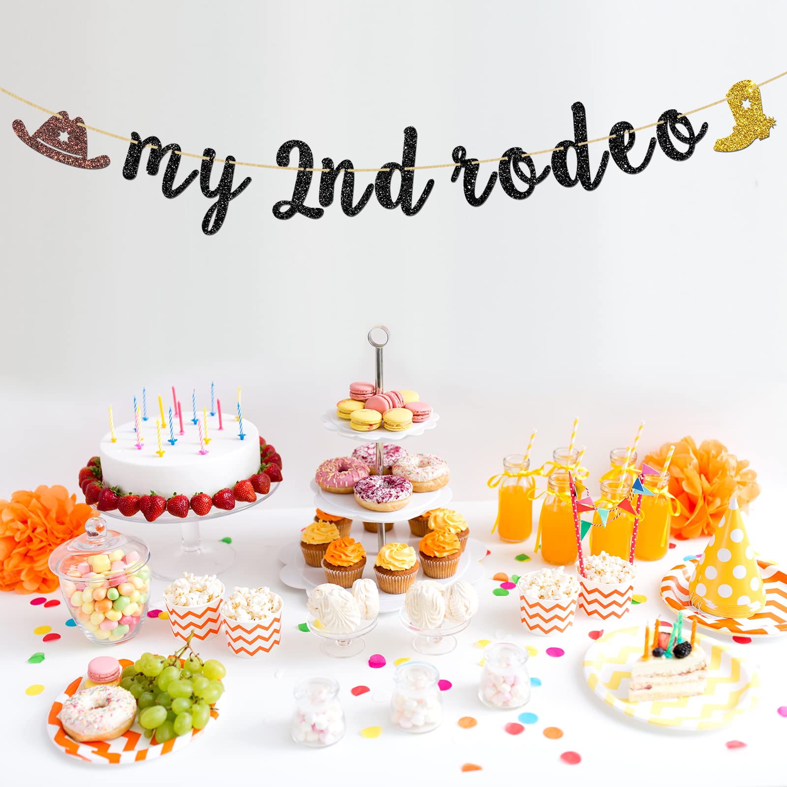INNORU My 2nd Rodeo Banner - Mexican Themed 2nd Birthday Party Decorations for Cowboy & Cowgirl Western Birthday - Black Glitter Backdrop for Wild West Parties, Baby Showers & Western Theme Events