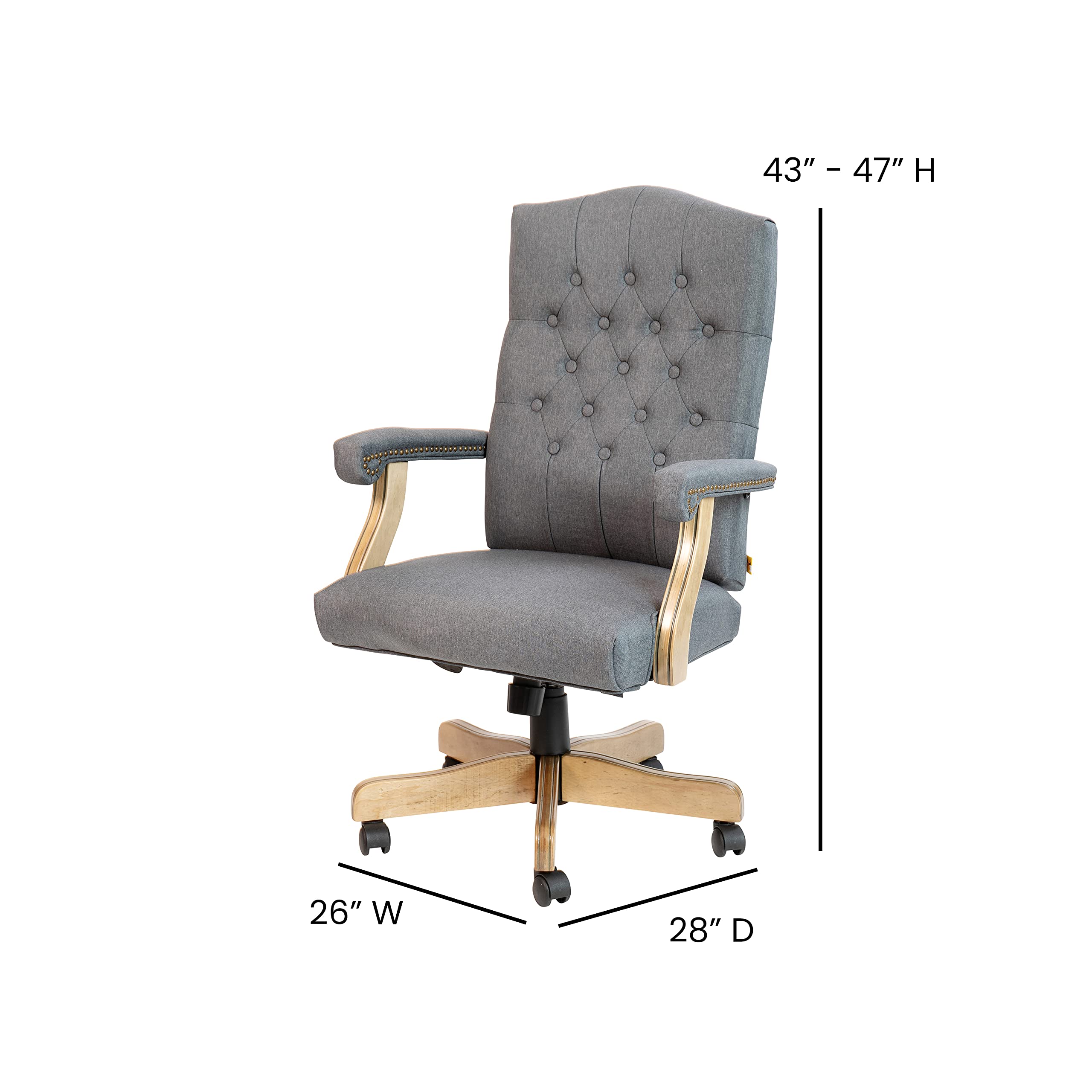 Ergonomic Gray Fabric Tufted Swivel Office Chair with Driftwood Base - Comfortable Traditional Desk Chair for Home Office, Study & Workspace - Adjustable Height & 360° Rotation for Productivity