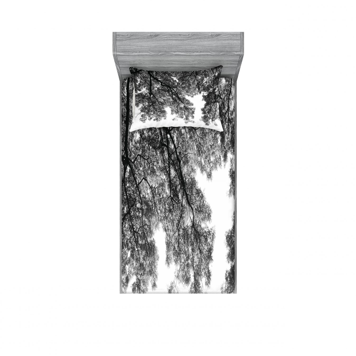 Ambesonne 2-Pack Twin Fitted Sheet & Pillow Sham Set - Tree Branches and Leaves Black White 4-Piece Bedding Decor | Perfect for Guest Rooms, Dorms, and Minimalist Home Decor