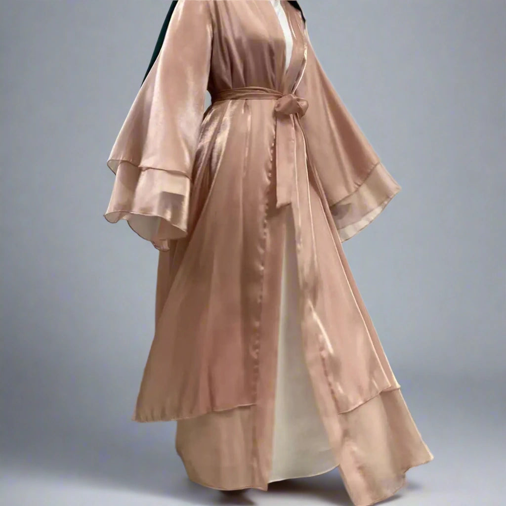 Elegant Double Layer Satin Open Abaya Dress for Women - Modest Muslim Prayer Dress for Mosque, Eid & Special Occasions