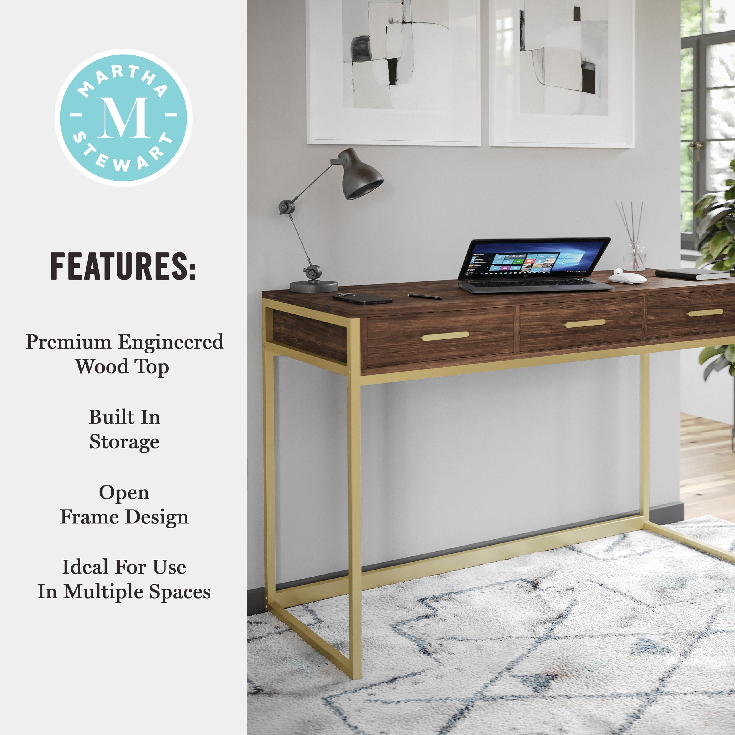Martha Stewart Ollie Home Office Desk with 3 Drawers - Walnut Wood Grain & Polished Brass Hardware - Perfect for Small Spaces, Remote Work & Modern Home Offices