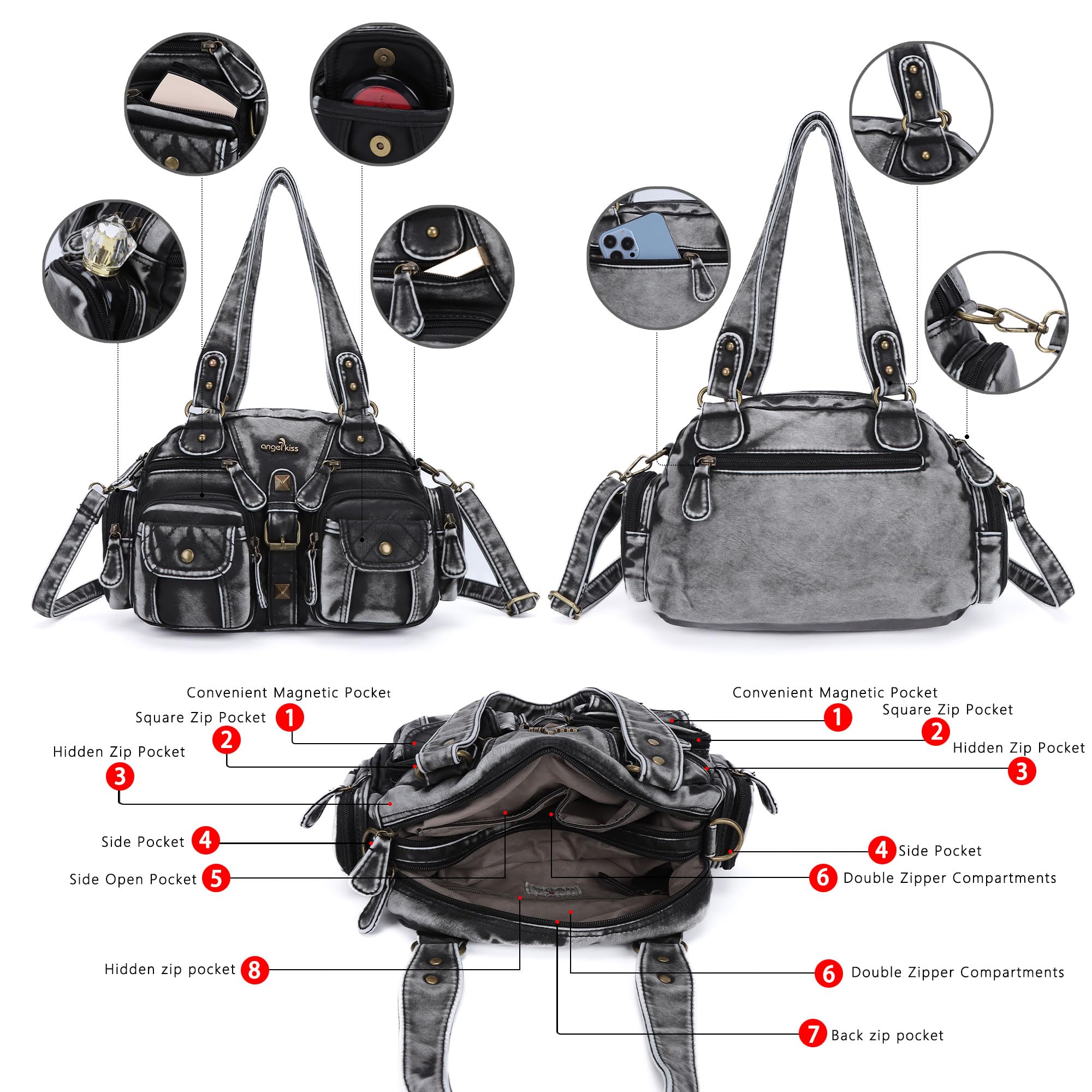Angel Kiss Women's Hobo Crossbody Shoulder Bag - Multipocket Soft Leather Handbag with Removable Strap | Perfect for Work, Travel & Everyday Use