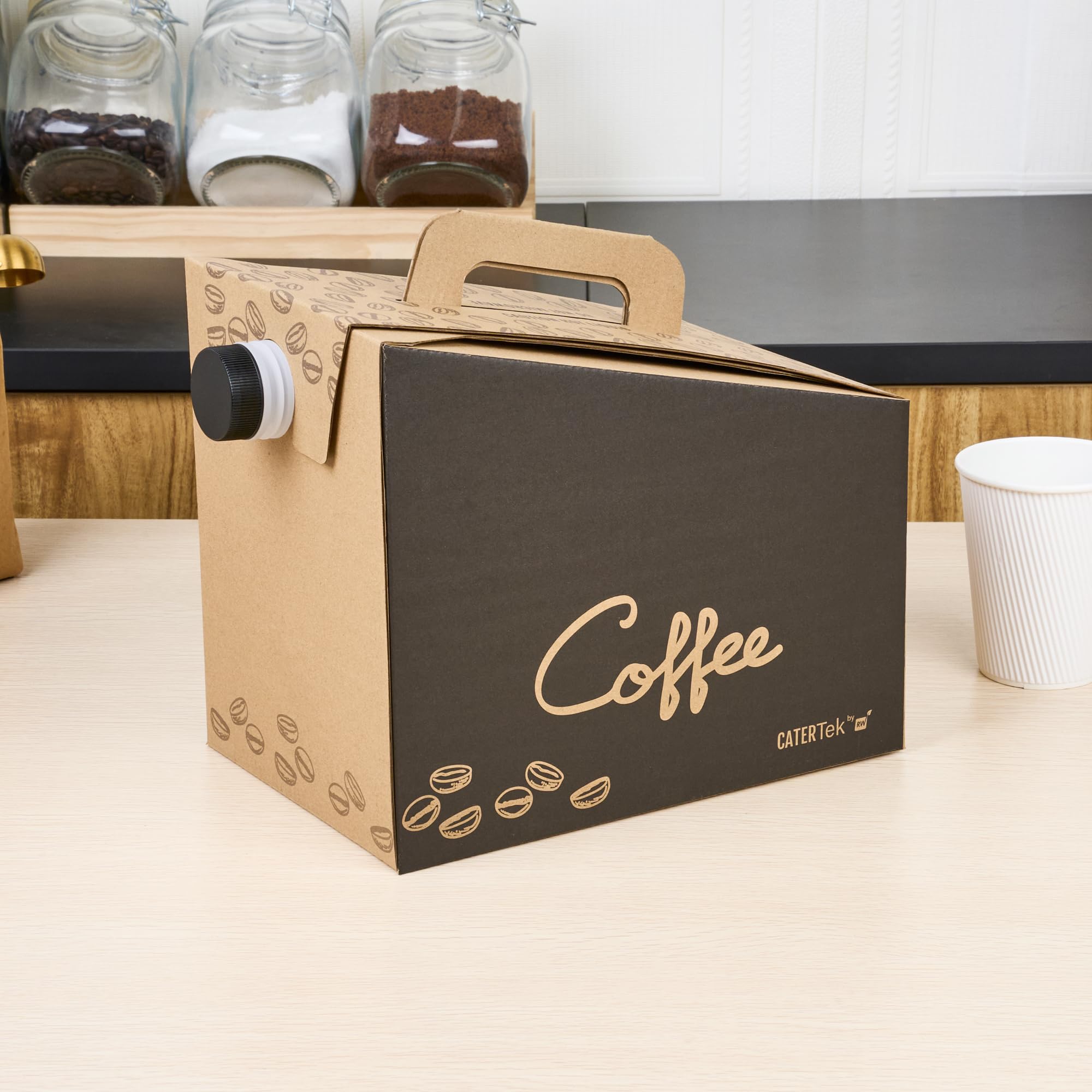 Restaurantware Cater Tek 160oz (10-Pack) Insulated Black Paper Coffee To-Go Containers with Handle - Disposable Beverage Servers for Catering, Events & Office Use - Keeps Coffee Hot, Portable for Up to 20 Cups