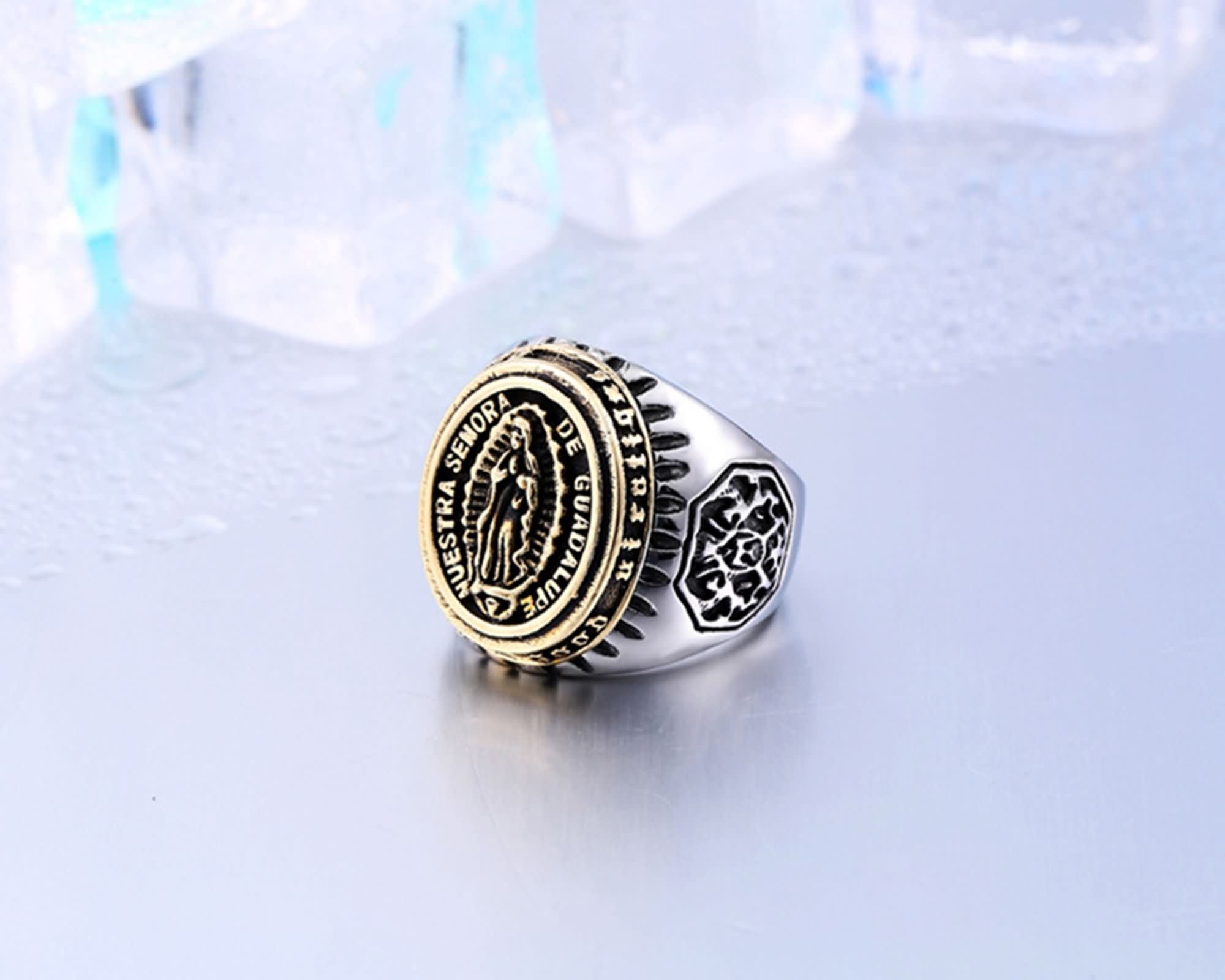 AueDsa Stainless Steel Men's Wedding Band Ring - Gold & Silver Virgin Mary Religious Ring - Size T 1/2 - Perfect for Engagement, Promise Rings & Religious Gifts