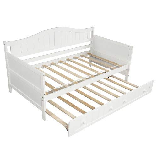 Twin Daybed with Trundle - White Wooden Sofa Bed Frame for Bedroom & Living Room | Space-Saving Guest Bed & Lounge Seating