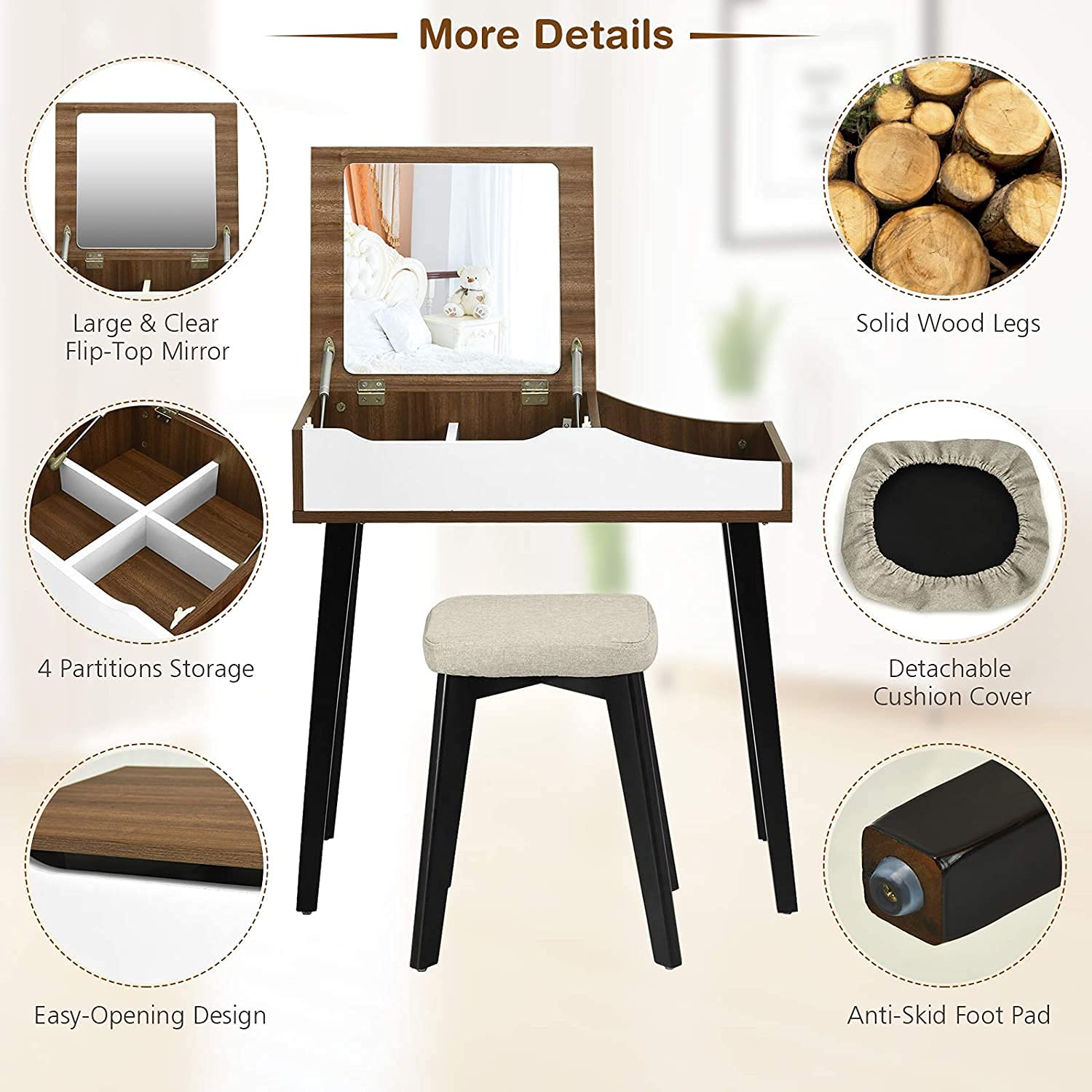 Nightcore Vanity Set with Flip Top Mirror & Cushioned Stool - Dressing Table with Removable Organizer for Makeup, Bedroom & Dressing Room - Perfect for Beauty Routine, Cosmetics Storage & Home Decor