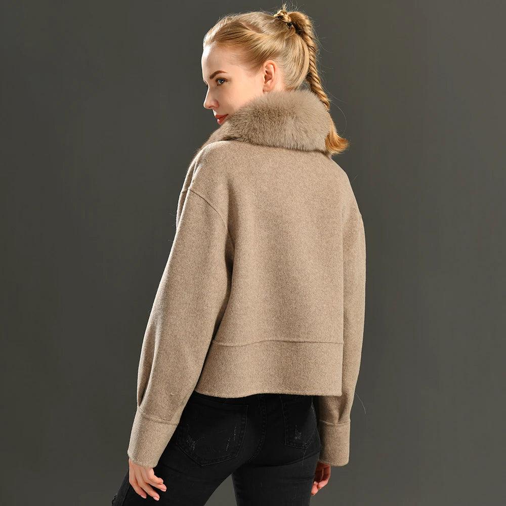 Luxury Women's Cashmere Wool Coat with Real Fur Collar - Winter Cropped Jacket, Full Sleeves & Pockets - Streetwear Outerwear for Cold Weather & Fashion Outings