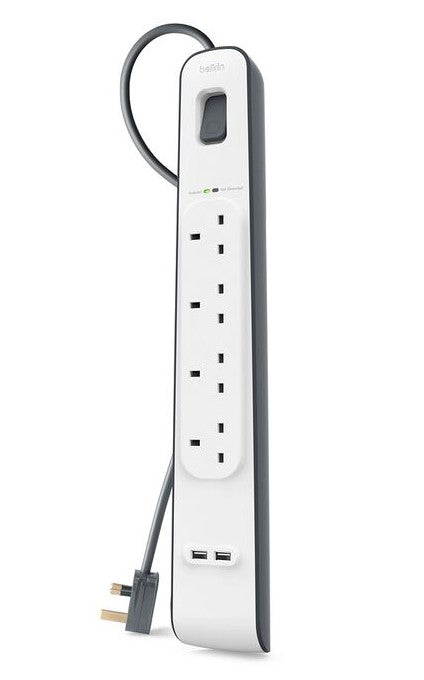 Belkin BSV401SA2M 4-Outlet Surge Protector with 2 USB Ports (2M/6.5ft Cable) - Power Strip for Home, Office, Gaming & Travel Protection