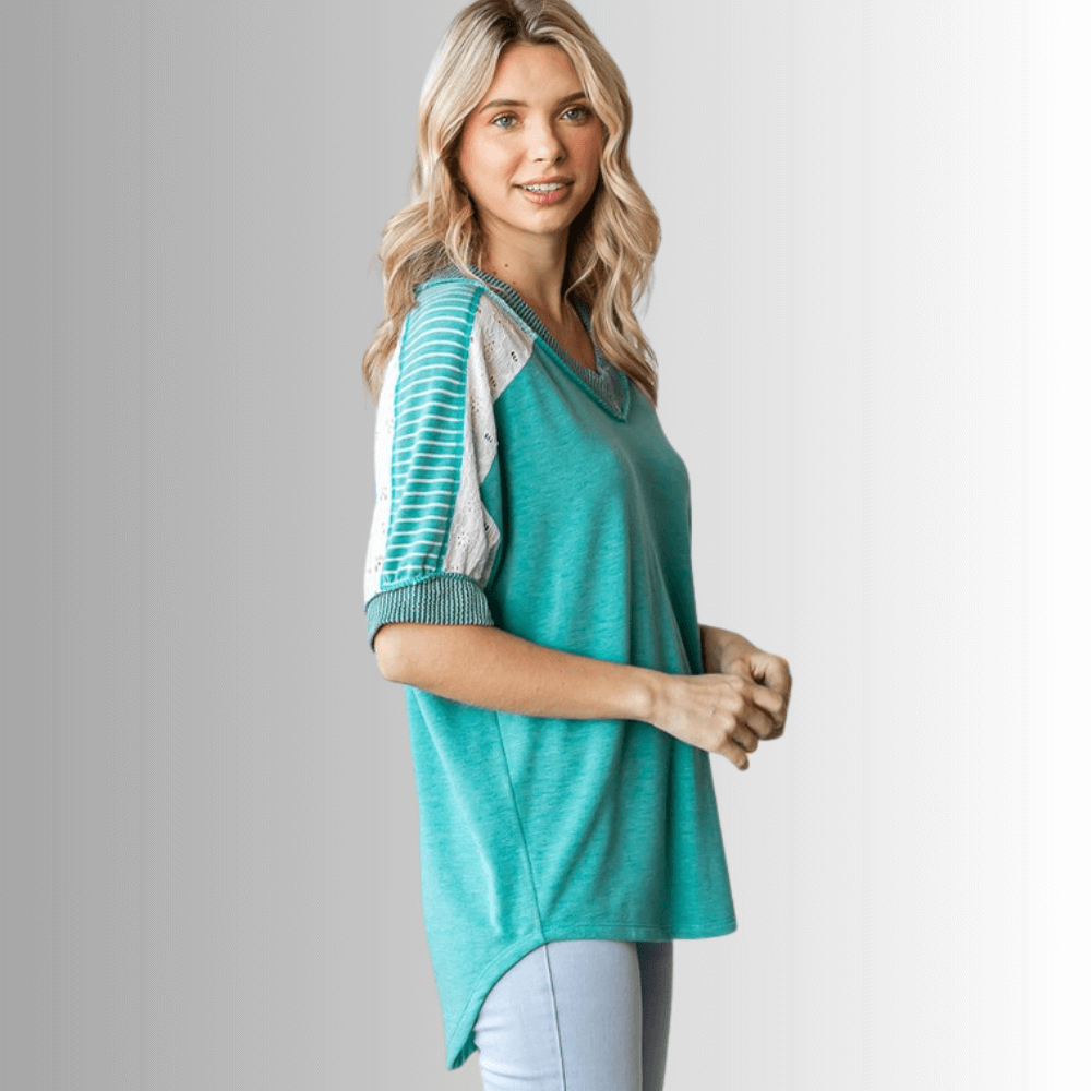 Stylish Jenna Mixed Fabric V Neck Top for Women - Comfortable & Trendy Blouse for Casual Wear, Office, and Date Nights