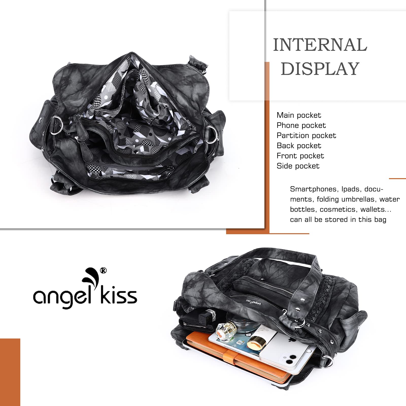 Angel Kiss Hobo Handbags for Women - Soft PU Leather Shoulder Bag Ladies Purse - Perfect for Work, Travel & Everyday Use
