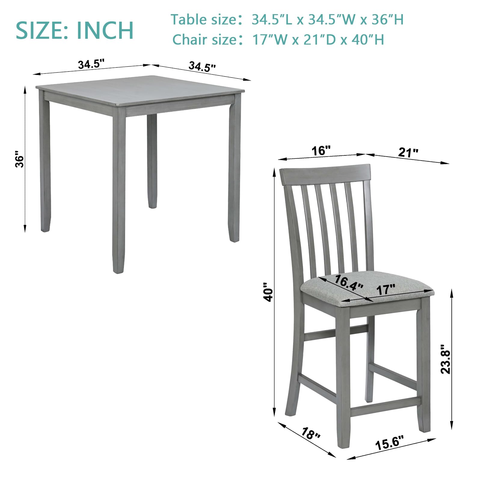 Harper & Bright Designs 5-Piece Counter Height Dining Set - Square Wooden Table & 4 Linen Upholstered Chairs - Space Saving Kitchen Table Set for Small Spaces in Gray - Perfect for Breakfast Nooks, Apartments & Cozy Dining Areas