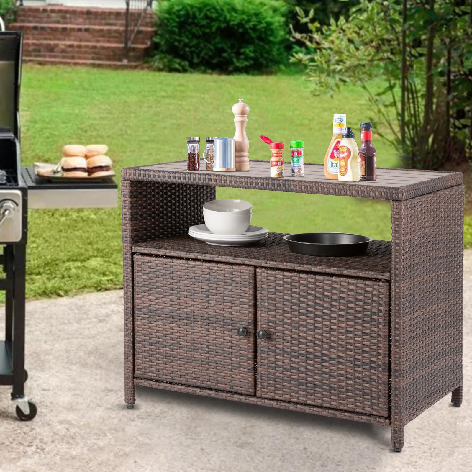 Durable Wicker Rattan Outdoor Storage Cabinet with 2 Doors & Shelves - Waterproof Polystyrene Top for Patio, Pool, Garden, Kitchen & Indoor Use - Perfect for Organizing Cushions, Toys & Gardening Tools (Brown)